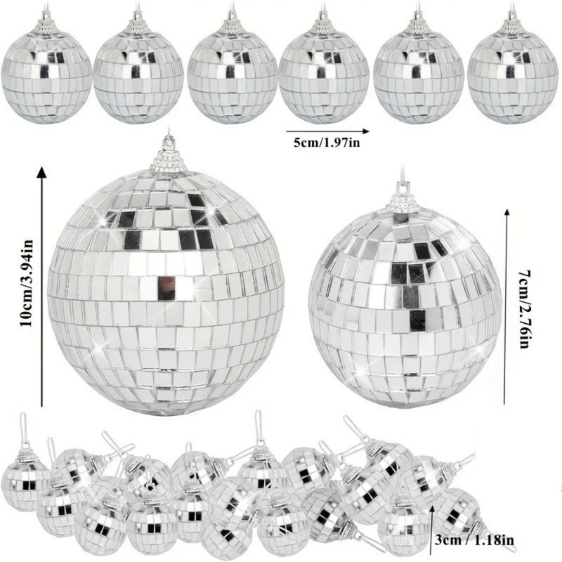 Boules à facettes déco en lot – lot de 28 pièces argentées avec les tailles 10, 7, 5 et 3 cm