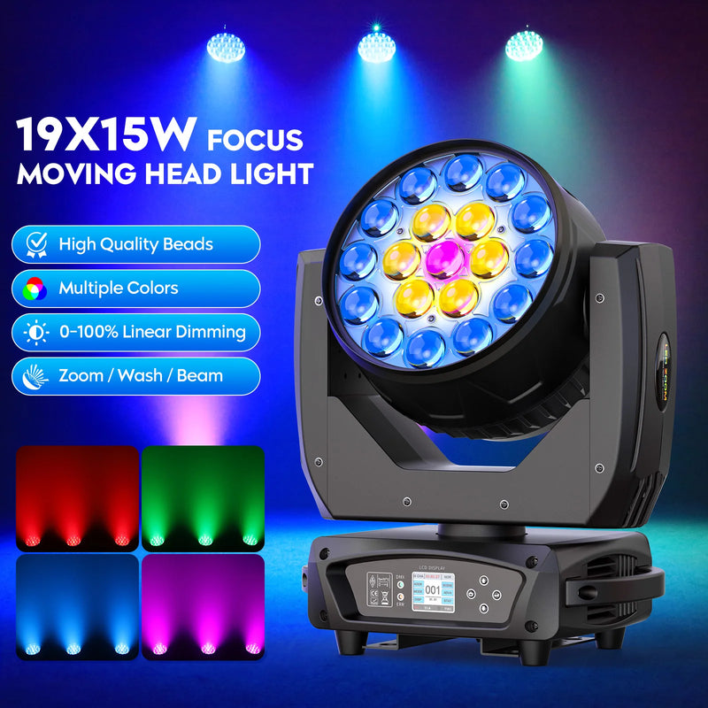 Lyre LED wash 19 x 15 W RGBW, zoom 10° à 55°, DMX 16 ou 24 canaux