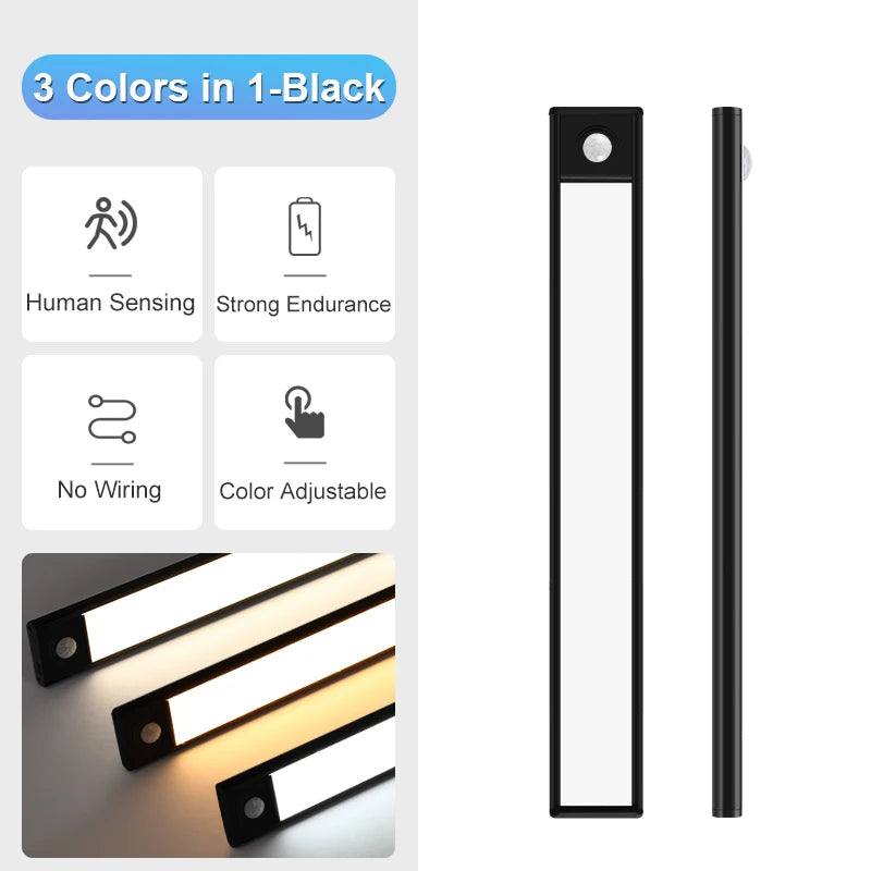 Lampe LED ultra-fine à détecteur – lampe noire 3 teintes en 1, face et profil