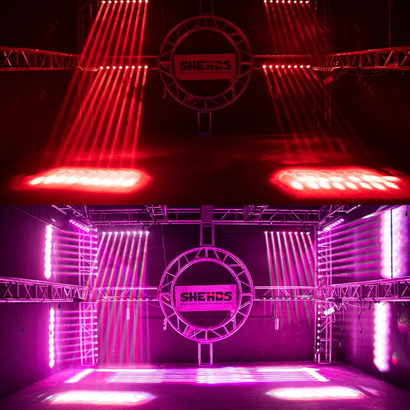 Barre LED à tête mobile 8 x 12 W – faisceaux rouges et roses de deux barres sur un portique de scène