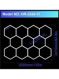 Éclairage LED hexagonal – schéma 11 hexagones, 330 x 241 cm