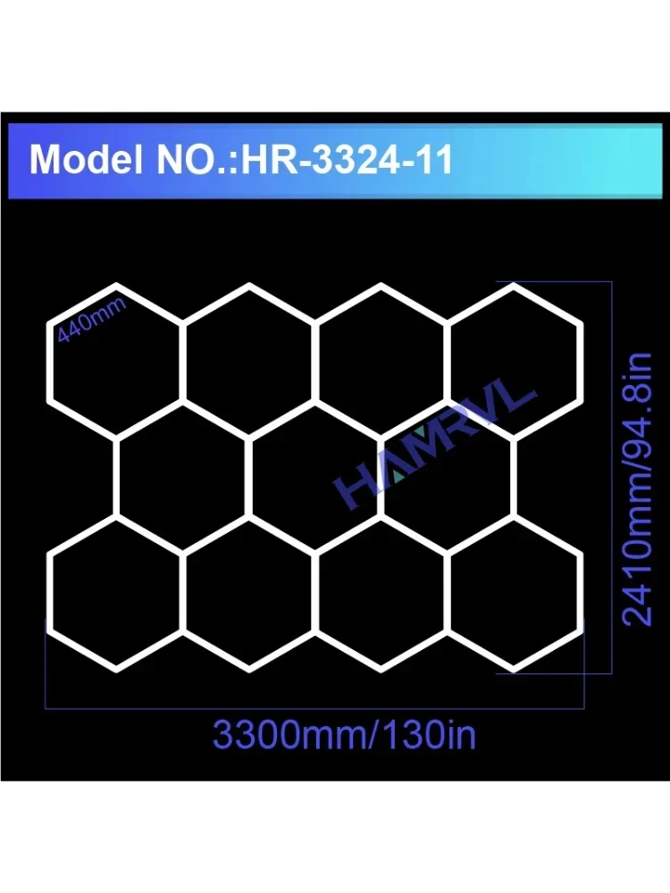 Éclairage LED hexagonal – schéma 11 hexagones, 330 x 241 cm
