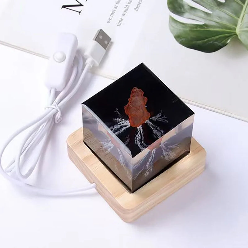 Lampe volcan ou champignon atomique en résine LED – cube à volcan sur socle en bois avec câble USB et interrupteur