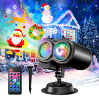 Projecteur Noël deux têtes – projecteur avec télécommande et piquet de sol devant une maison décorée