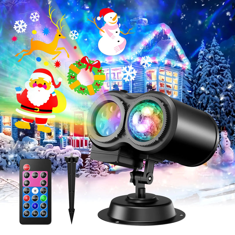 Projecteur Noël deux têtes – projecteur avec télécommande et piquet de sol devant une maison décorée