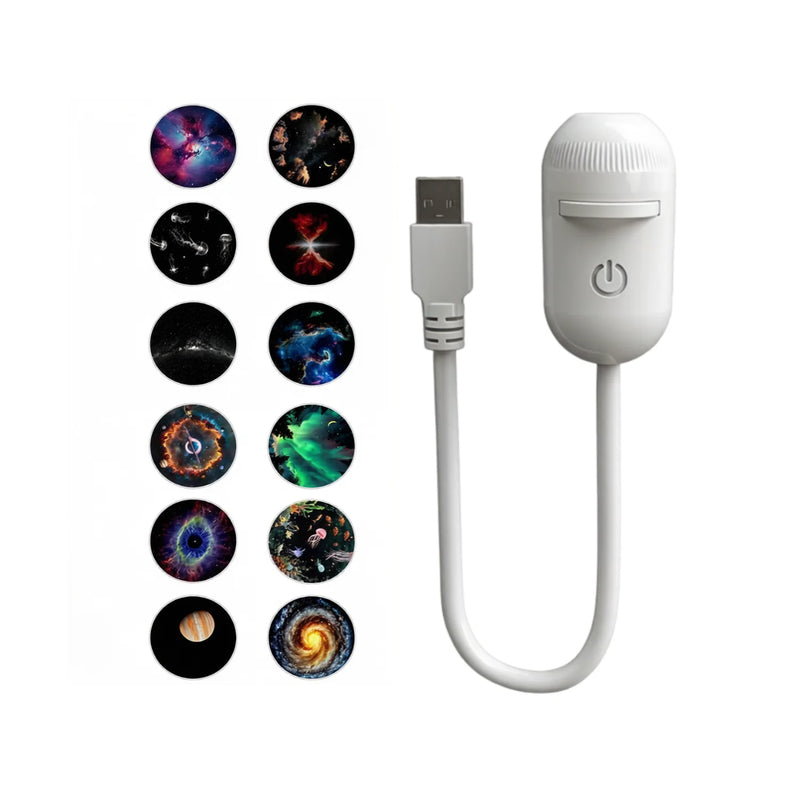 Mini projecteur d'étoiles USB à tiroir – lampe blanche et 12 films en couleur