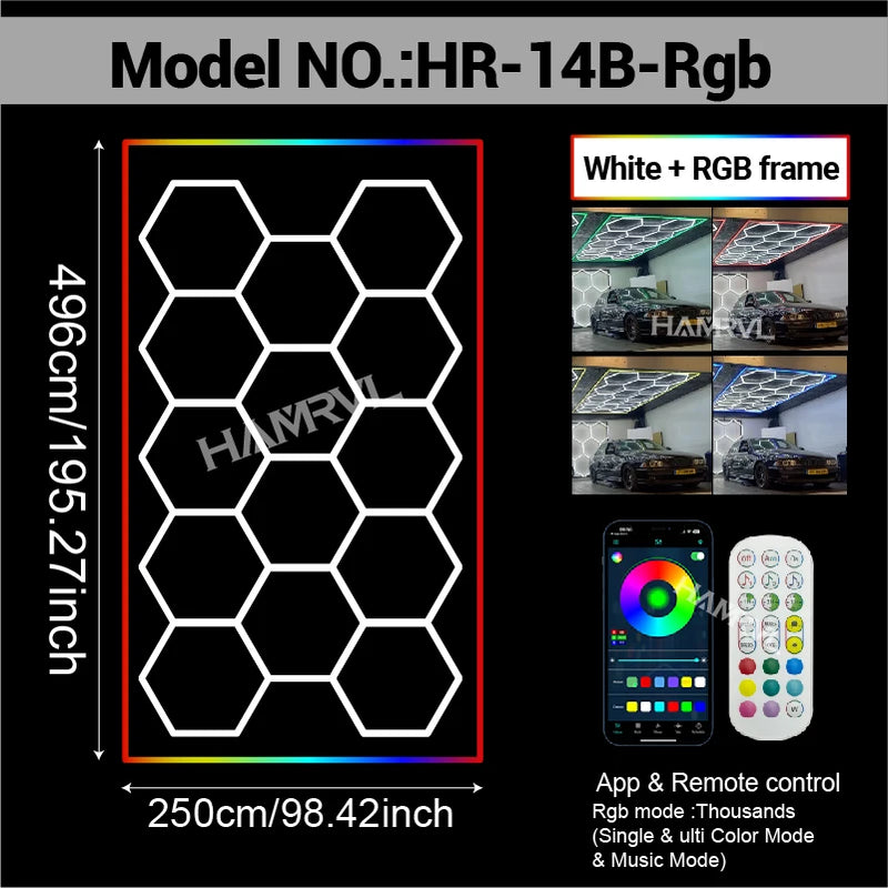 Éclairage LED hexagonal garage modulable, 1 à 25 hexagones, cadres et chevrons