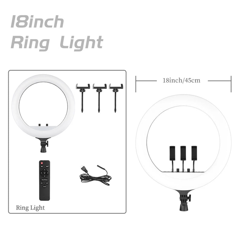 Ring light LED 45-48 cm, trépied au choix, 3 supports téléphone