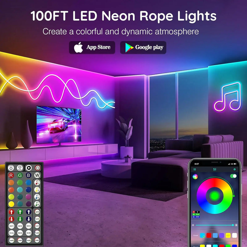 Ruban LED néon RGB – salon éclairé avec application et télécommande