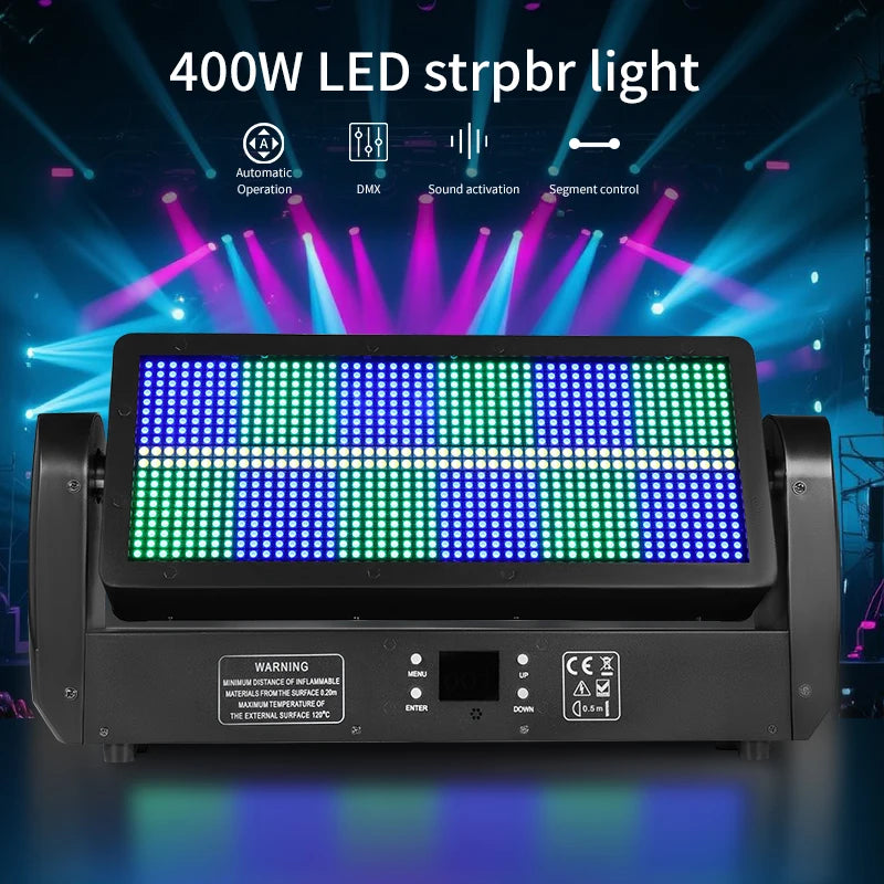 Stroboscope LED à tête mobile – panneau allumé en vert et bleu