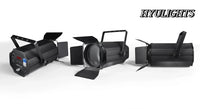 Projecteur LED COB à zoom – trois vues du projecteur avec volets
