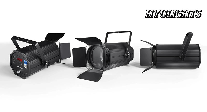 Projecteur LED COB à zoom – trois vues du projecteur avec volets