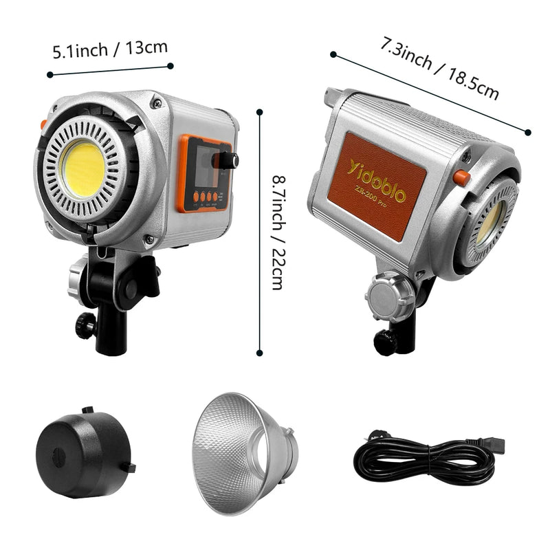 Lumière COB 200 W – dimensions et accessoires fournis