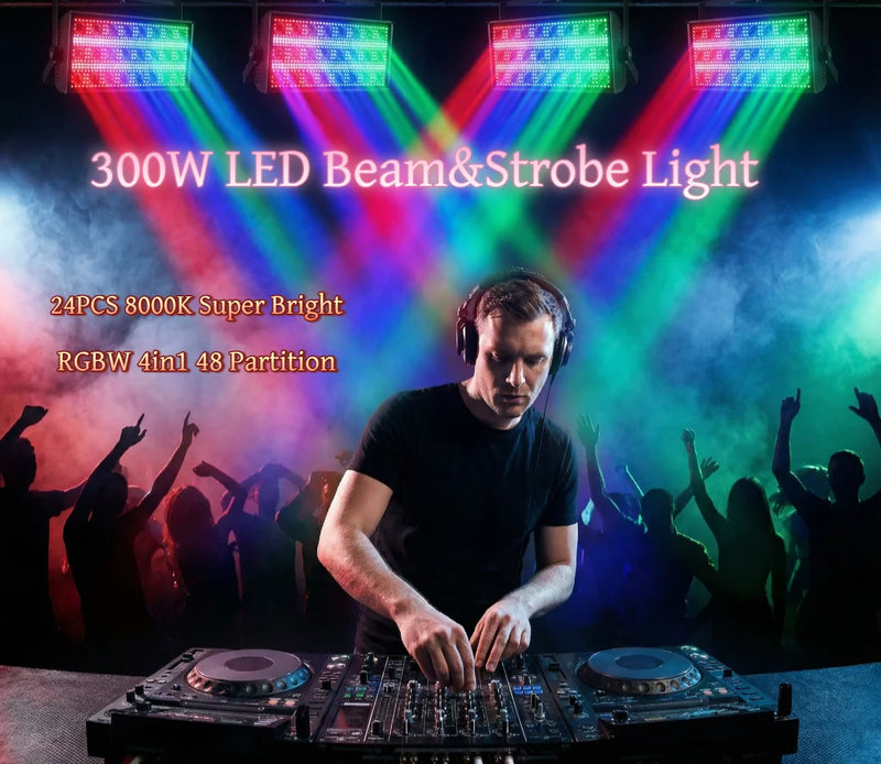 Lot de 4 stroboscopes LED 300 W – lumière de scène en situation devant un DJ