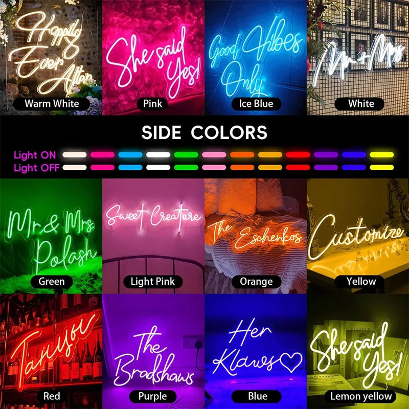 Néon prénom personnalisé – exemples de couleurs de néon sur un mur