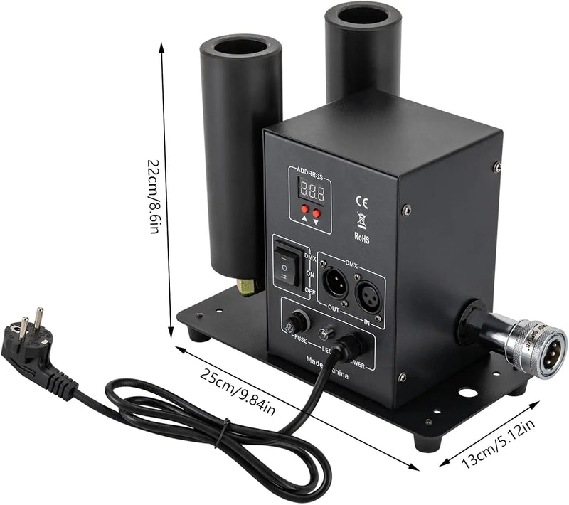 Machine à jet de CO2 à double tube – dimensions et câble d'alimentation