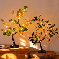 Arbre lumineux bonsaï – eucalyptus et olivier allumés sur un meuble