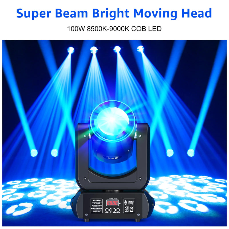 Lot de 4 lyres LED beam 150 W – lyre en action avec faisceaux bleus sur scène