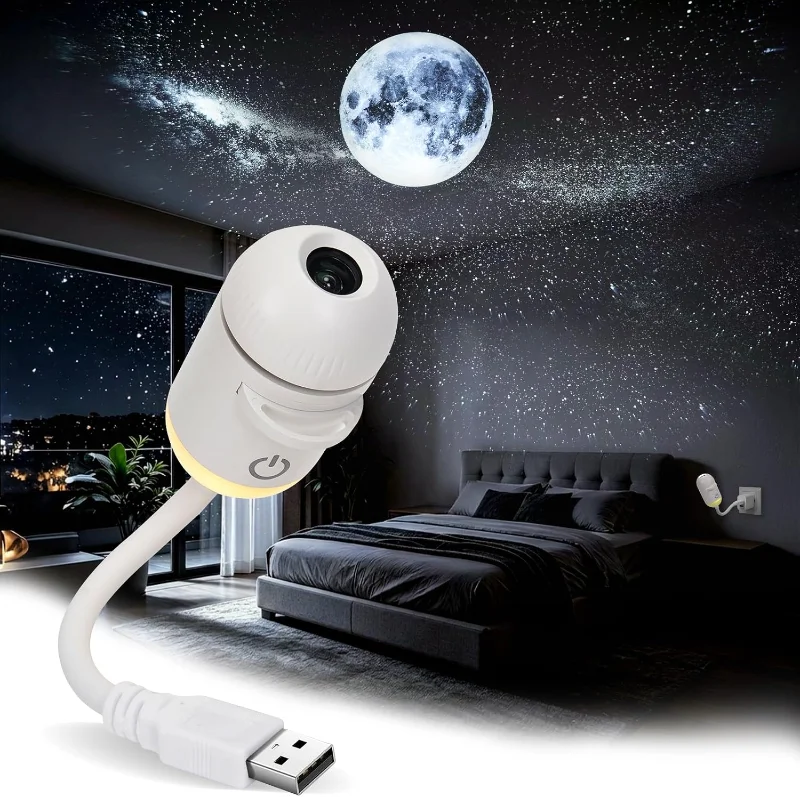 Projecteur d'étoiles USB à mise au point manuelle – gros plan de la lampe devant une grande Lune projetée