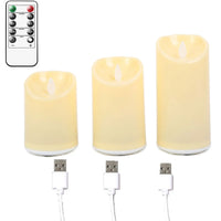 Bougies LED à mèche mobile – 3 hauteurs sur fond blanc avec télécommande et câbles USB