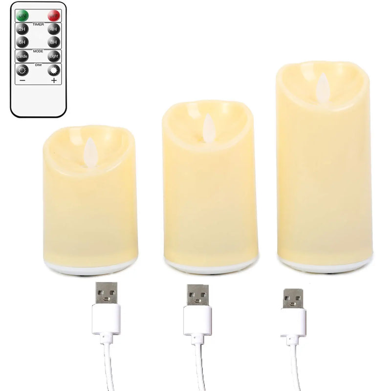 Bougies LED à mèche mobile – 3 hauteurs sur fond blanc avec télécommande et câbles USB