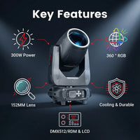 Lyre beam 14R 290 W à lampe – principales caractéristiques : puissance, rotation 360°, lentille de 152 mm et refroidissement
