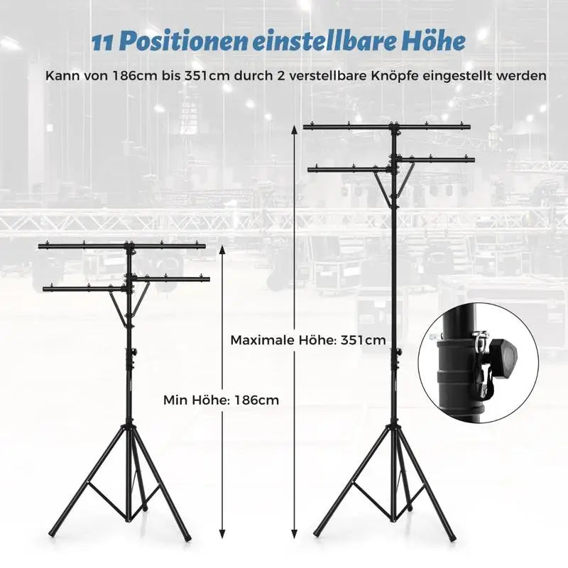 Pied d'éclairage double barre en T – hauteur réglable sur 11 positions de 186 à 351 cm