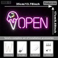 Enseigne néon OPEN cornet de glace – schéma des dimensions 35 x 17 cm et accessoires