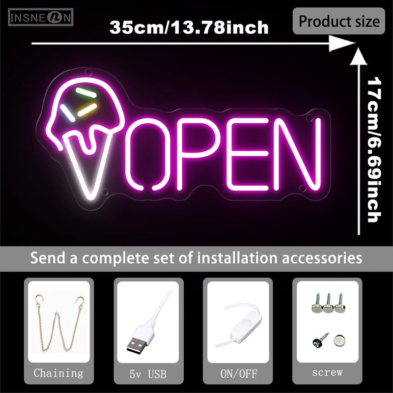 Enseigne néon OPEN cornet de glace – schéma des dimensions 35 x 17 cm et accessoires