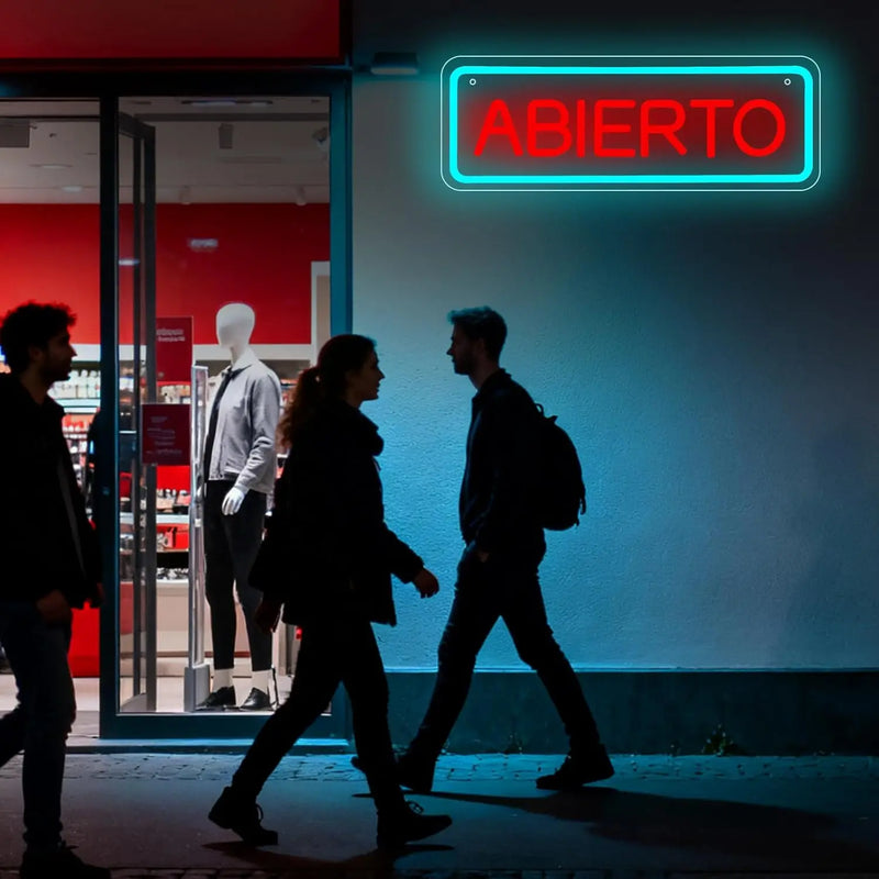 Enseigne néon ABIERTO – au mur à côté de l'entrée d'un magasin