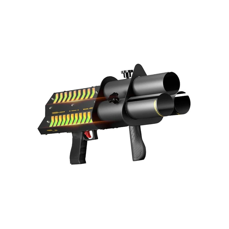 Pistolet à confettis électrique à 3 tubes avec effets LED, vue de profil