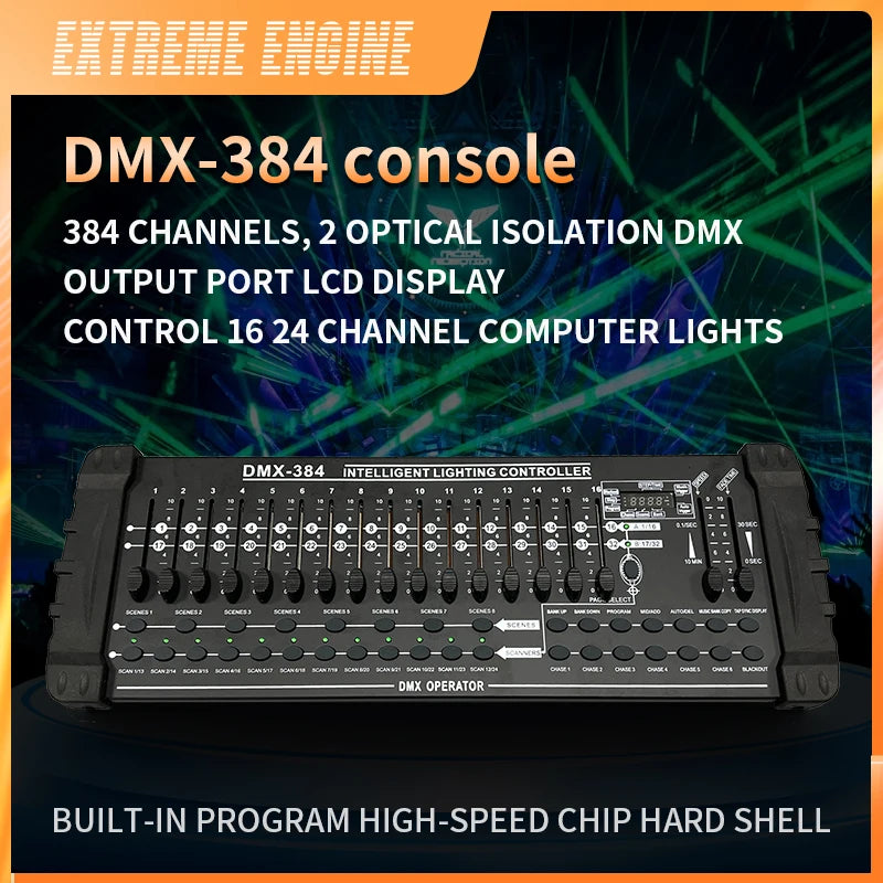 Contrôleur DMX 384 canaux – vue de face de la console avec son écran LCD