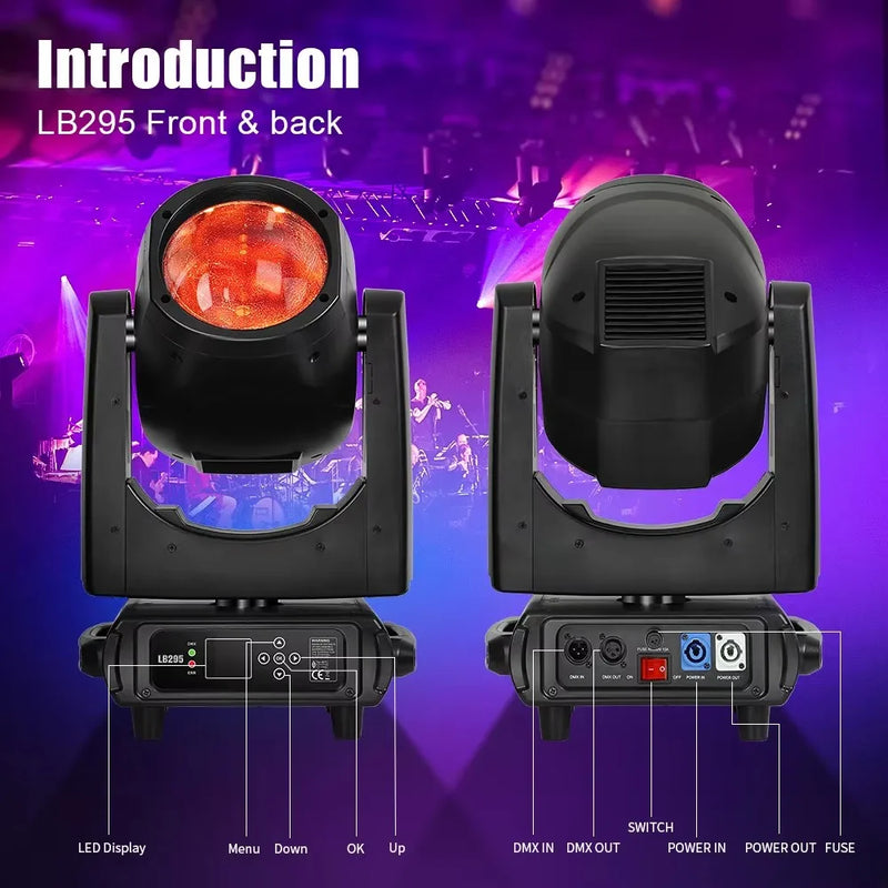 Lyre beam 295 W, faisceau de 2,2°, 14 gobos, 14 couleurs, prismes 8+48, DMX 16 canaux