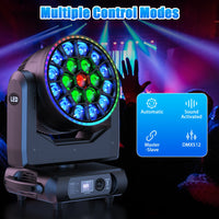 Lyre LED wash 19 x 15 W RGBW à anneau de 47 LED RGB, zoom 6° à 60°, DMX