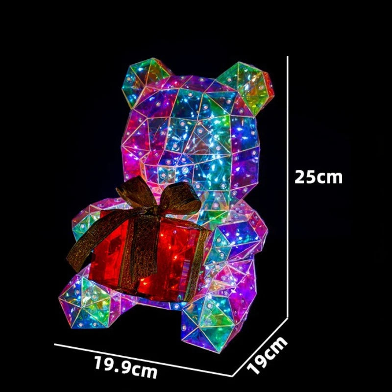 Ours lumineux de Noël irisé avec cadeau, figurine LED USB de 25 cm en boîte-cadeau