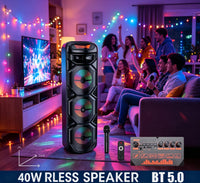 Enceinte karaoké lumineuse 40 W – colonne dans un salon pendant une soirée