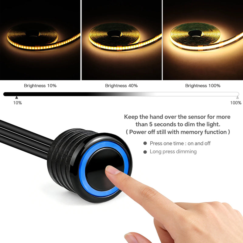 Ruban LED tasseau bois noir – variation de la luminosité à la main sur l'interrupteur tactile