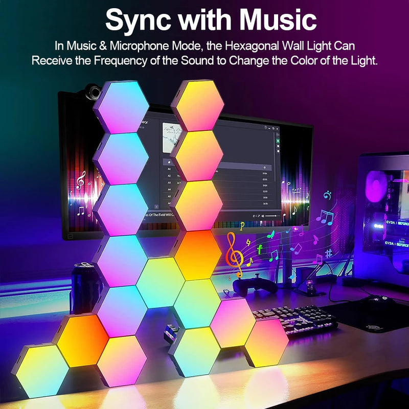 Appliques hexagonales LED RGB – panneaux synchronisés à la musique derrière un bureau de jeu