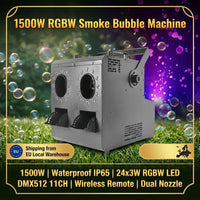 Machine à bulles et fumée IP65 – machine vue de trois quarts, bulles dans un jardin
