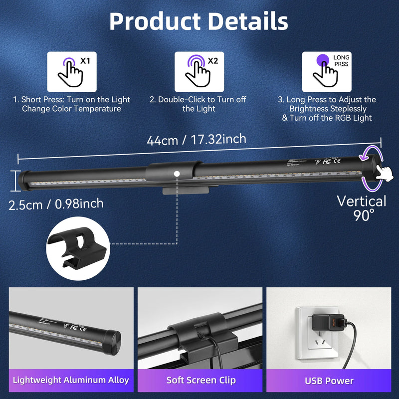Barre lumineuse écran 44 cm – dimensions, rotation de 90°, commandes tactiles et clip