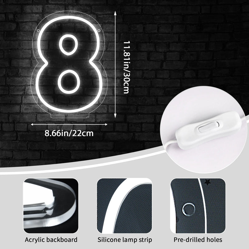 Chiffre néon LED blanc – dimensions du chiffre 8, 30 x 22 cm