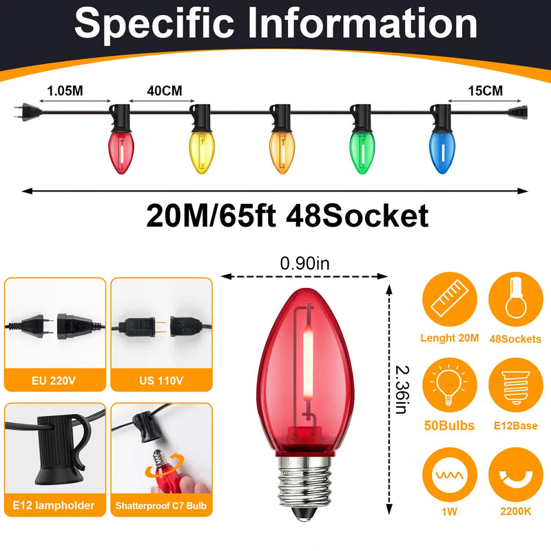 Guirlande lumineuse C7 – version 20 m, 48 douilles et 50 ampoules, schéma des cotes