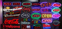 Panneau lumineux ouvert multilingue – exemples d'enseignes OPEN et de motifs lumineux