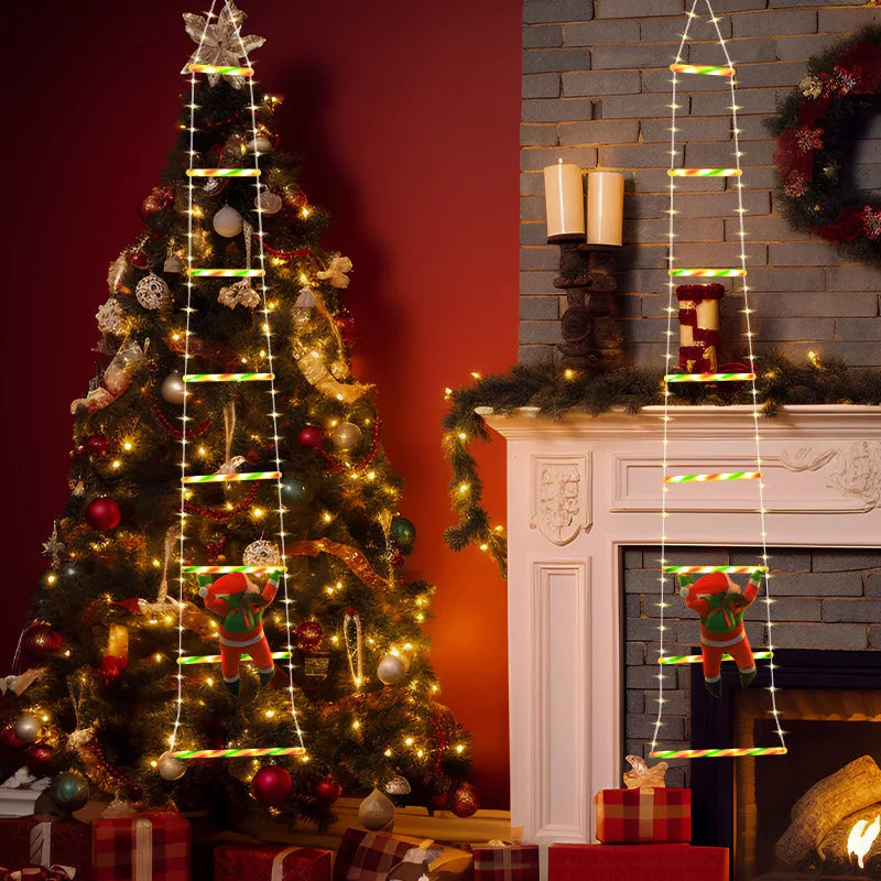Échelle lumineuse de Noël avec Père Noël grimpeur, 8 modes, USB, 1,6 m ou 3 m
