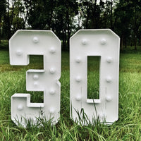 Chiffre marquee 73 cm – cadres blancs des chiffres 3 et 0 posés dans l'herbe