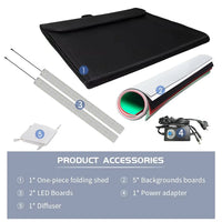Tente de prise de vue LED – contenu : tente pliable, rampes LED, fonds de couleur, alimentation et diffuseur