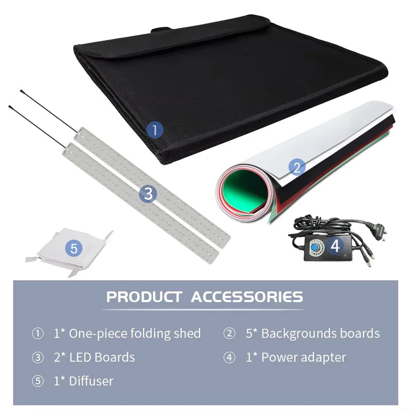 Tente de prise de vue LED – contenu : tente pliable, rampes LED, fonds de couleur, alimentation et diffuseur