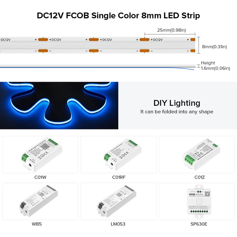 Ruban LED FCOB 480 LED/m – dimensions de la version 12 V 8 mm et contrôleurs compatibles