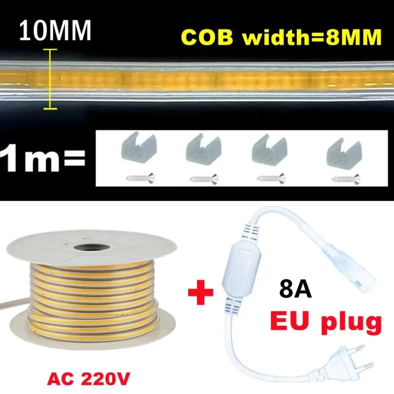 Ruban LED extérieur COB 220 V IP65 à lentille – largeur de 8 mm, clips et fiche EU