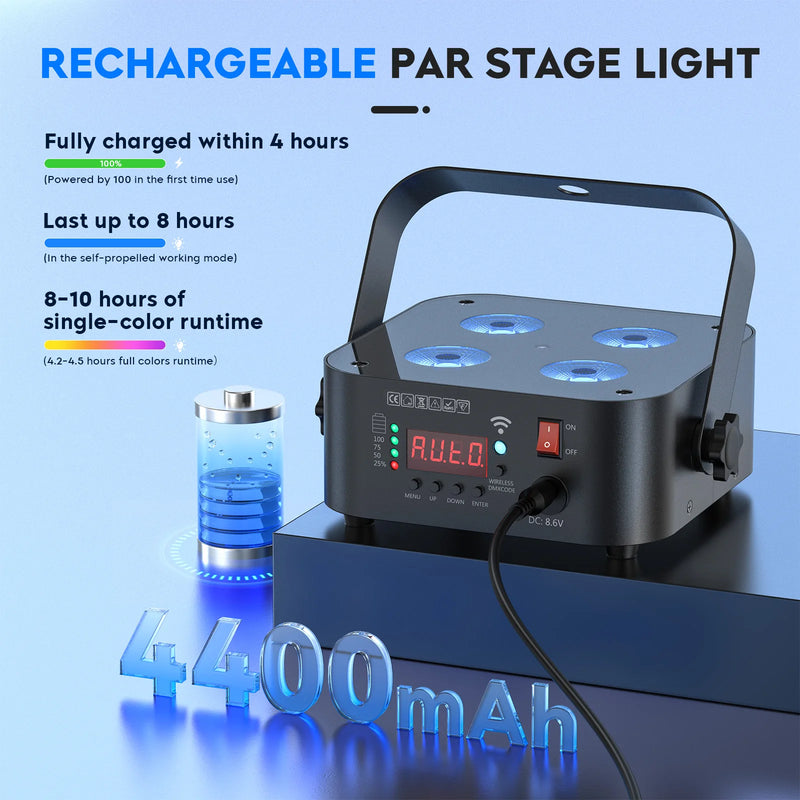 Projecteur PAR LED sur batterie 4 x 18 W, lot de 8 avec flight case de charge